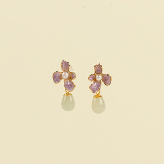 Magnolia Bloom Enamel & Jade Earrings